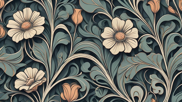 Disegno in stile Art Nouveau con fiori, foglie e viti