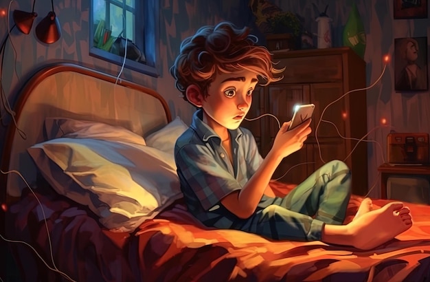 Disegno in stile cartone animato di un adolescente a letto con un cellulare o uno smartphone nei suoi controlli