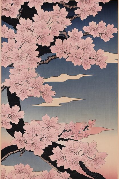 Disegno in stile ukiyoe di fiori di ciliegio e nuvole in toni e colori rosa Illustrazione generata