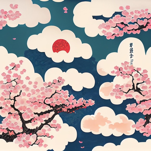 Disegno in stile ukiyoe di fiori di ciliegio e nuvole