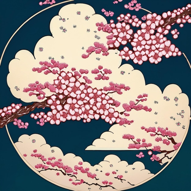 Disegno in stile ukiyoe di fiori di ciliegio e nuvole