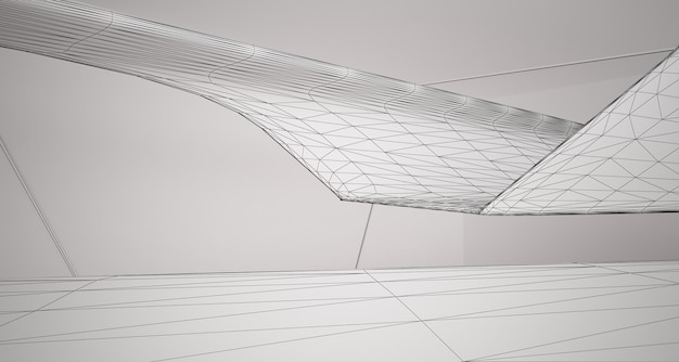 Disegno interno bianco architettonico astratto di una casa minimalista con grandi finestre 3D illustrat