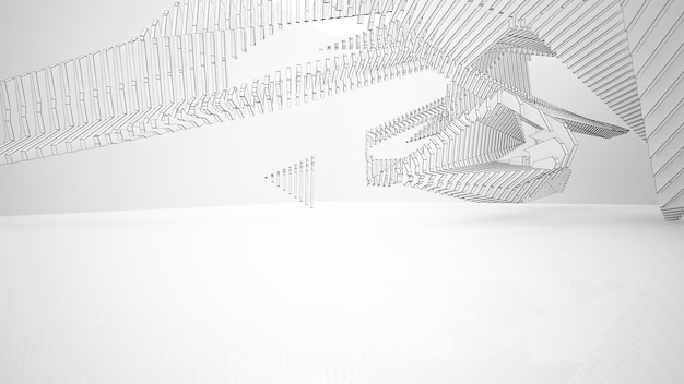 Disegno interno bianco architettonico astratto di una casa minimalista con grandi finestre 3D