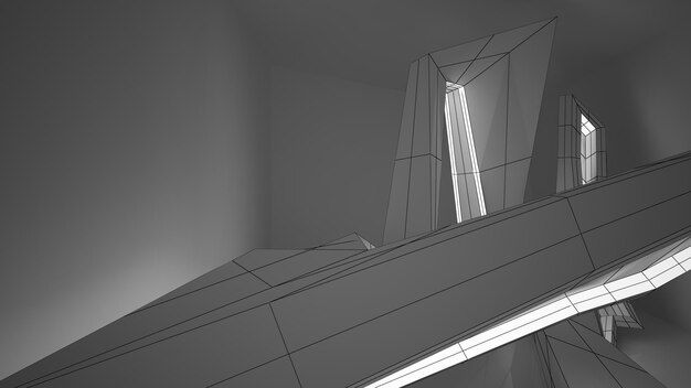 Disegno interno bianco architettonico astratto di una casa minimalista con grandi finestre 3D