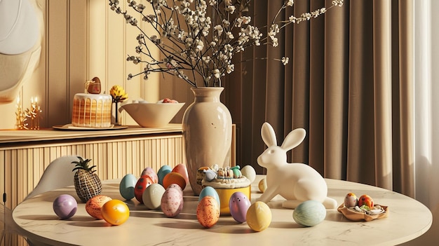 Disegno interno della sala da pranzo di Pasqua interno con tavola rotonda uova colorate Generative Ai