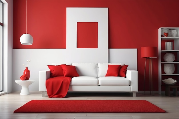 Disegno interno di un moderno divano bianco sullo sfondo rosso della parete