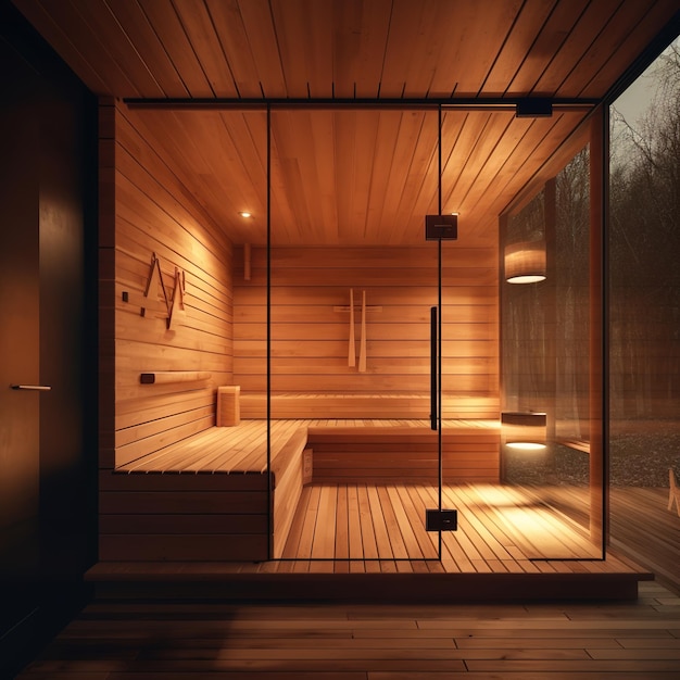 Disegno interno di una sauna a legna minimalista