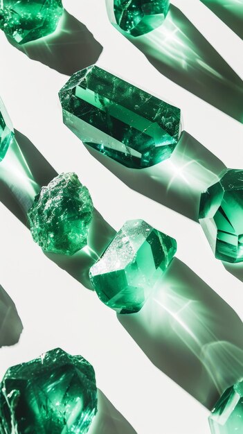 Disegno lussuoso di smeraldi su sfondo bianco Scintilla di pietre preziose concetto di gioielli AI generativa