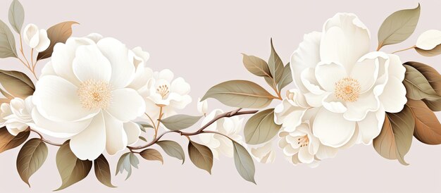 Disegno modello per un biglietto d'invito a nozze con fiori e foglie di camelia bianche semi doppie