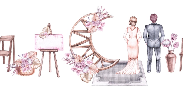 Foto disegno nuziale orizzontale ad acquerello con sposi e arco nuziale e accessori in pastello