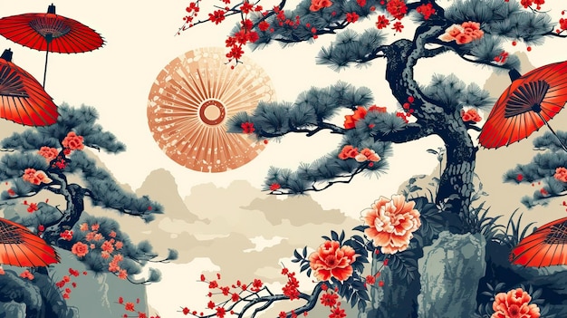 Disegno orientale senza cuciture con ombrelli giapponesi e bonsai stampa asiatica motivi cinesi bellissimi