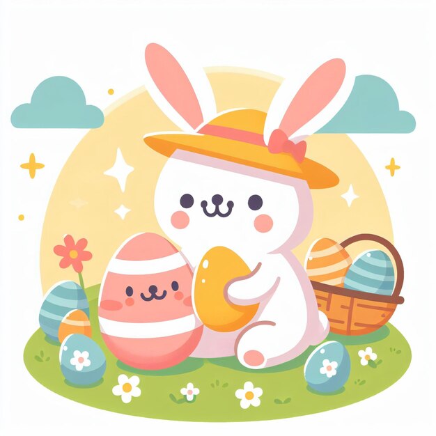 Disegno per bambini di un coniglietto di Pasqua e un pulcino con fiori e uccelli il giorno di Pasqua