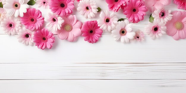 Disegno per il giorno di San Valentino fiori rosa su legno bianco piatto vista superiore