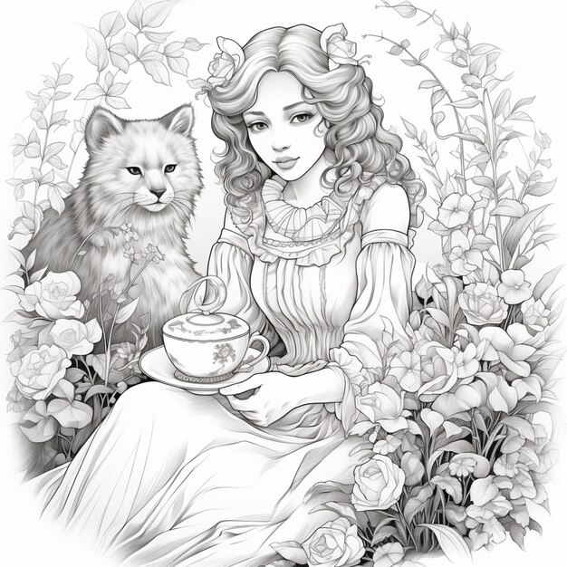 disegno raffigurato di una donna con un gatto e una tazza di caffè