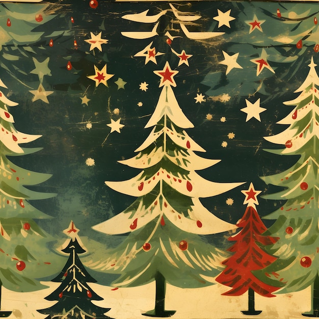 Disegno retro vintage senza cuciture con alberi di Capodanno