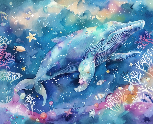 Disegno senza cuciture ad acquerello con balena e cielo stellato disegnato a mano
