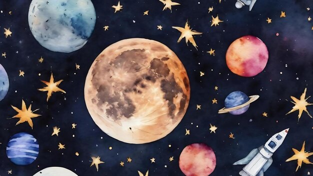 Disegno senza cuciture ad acquerello con elementi spaziali come la luna, le stelle cadenti, le comete, la galassia.