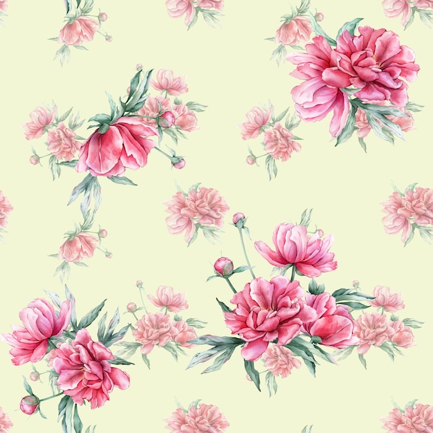 Disegno senza cuciture con acquerello bouquet di fiori di peonia rosa in piena fioritura illustrazione disegnata a mano