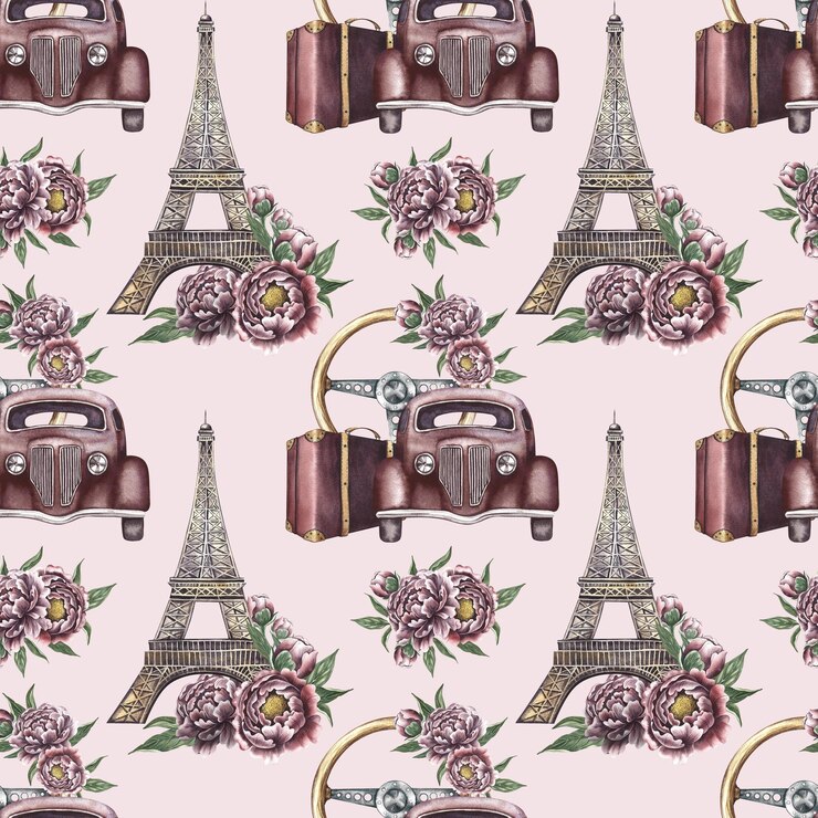 Foto disegno senza cuciture con auto retrò e torri eiffel illustrazioni ad acquerello fatte a mano