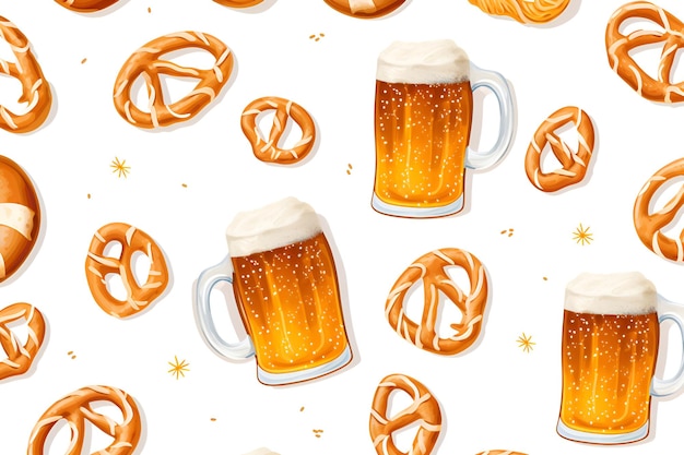 Disegno senza cuciture con bicchieri di birra e pretzel su bianco