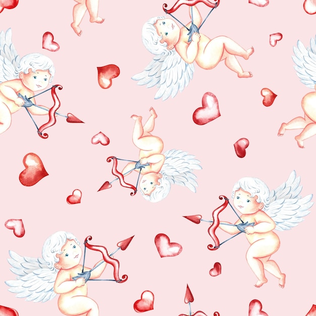 Disegno senza cuciture con carini cupidi con frecce e cuori disegnato a mano ad acquerello