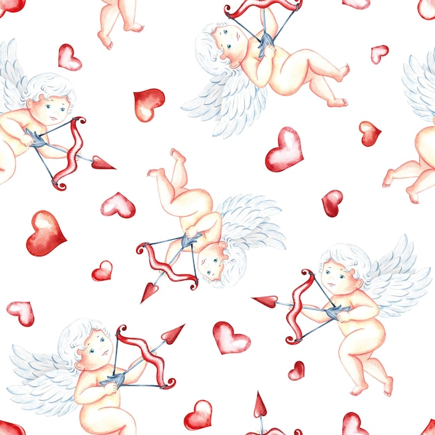 Disegno senza cuciture con carini cupidi con frecce e cuori disegnato a mano ad acquerello