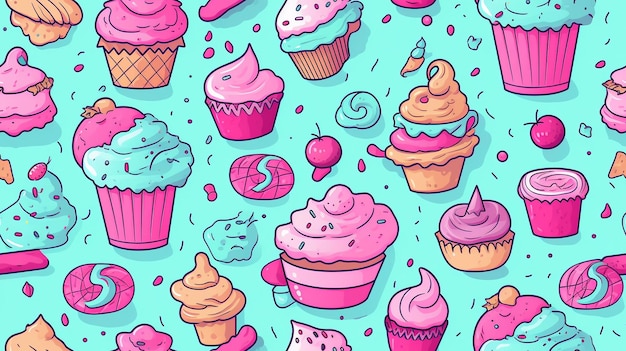 Disegno senza cuciture con cupcake disegnati a mano Illustrazione vettoriale