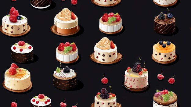 Disegno senza cuciture con diversi tipi di torte su sfondo nero
