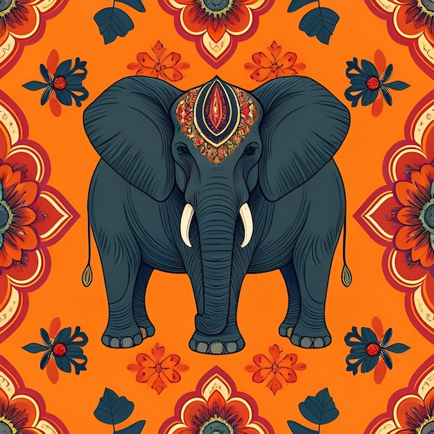 Disegno senza cuciture con elefanti indiani vibranti e fiori di loto su uno sfondo arancione ricco