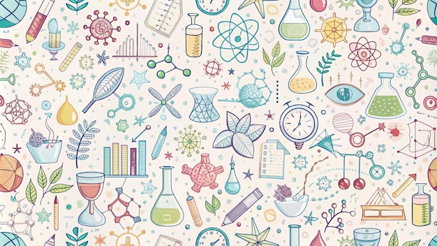 Disegno senza cuciture con elementi scientifici colorati