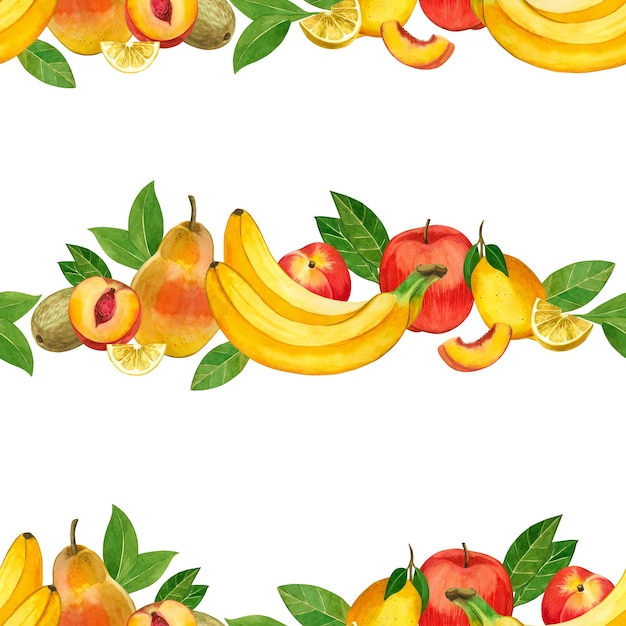 Disegno senza cuciture con frutta Banane kiwi pesche e nettarine fette di limone nettarine disegnate a mano in acquerello su sfondo bianco Adatte per la stampa su tessuto e carta per la creatività