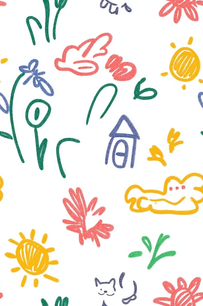 Disegno senza cuciture con illustrazioni per bambini con fiori, casa solare e nuvole in un disegno giocoso