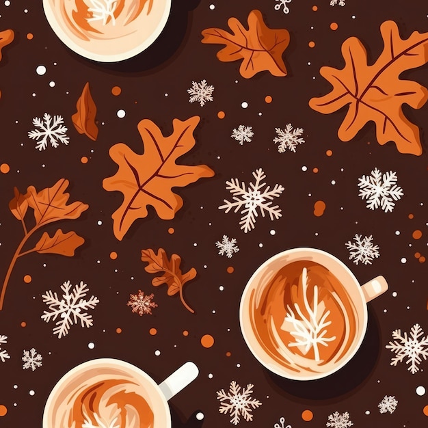 Disegno senza cuciture del caffè con foglie d'autunno e fiocchi di neve Illustrazione vettoriale