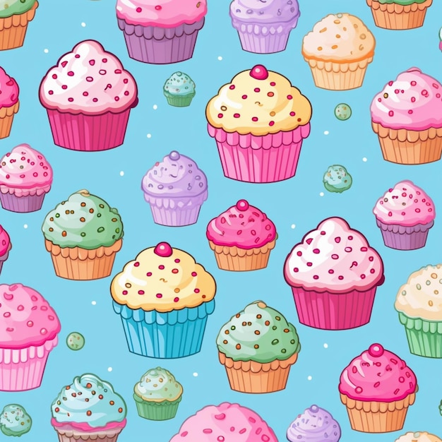 Disegno senza cuciture di cupcake colorati su uno sfondo blu