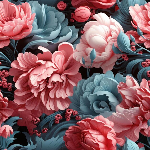 Disegno senza cuciture di fiori rosa, blu e rossi in raffigurazioni realistiche e iperdetallate in piastrelle