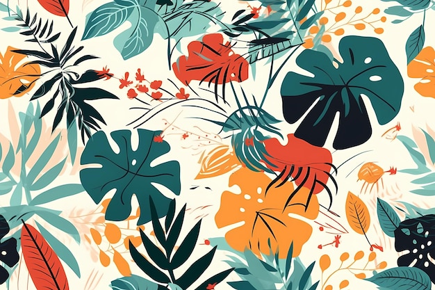 Disegno senza cuciture di foglie di palma foglie e fiori di monstera in un motivo di stampa tropicale in stile moderno su uno sfondo bianco colori vivaci botanici Tessile Generativo ai