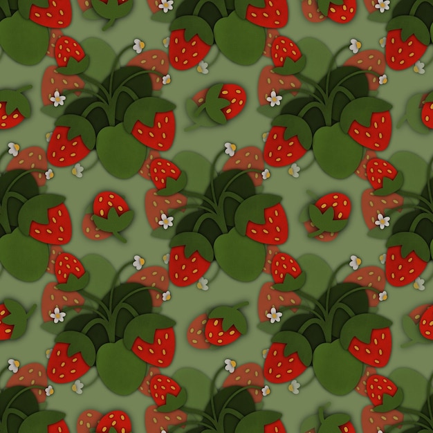 Disegno senza cuciture di fragole con foglie e fiori su sfondo verde illustrazione digitale