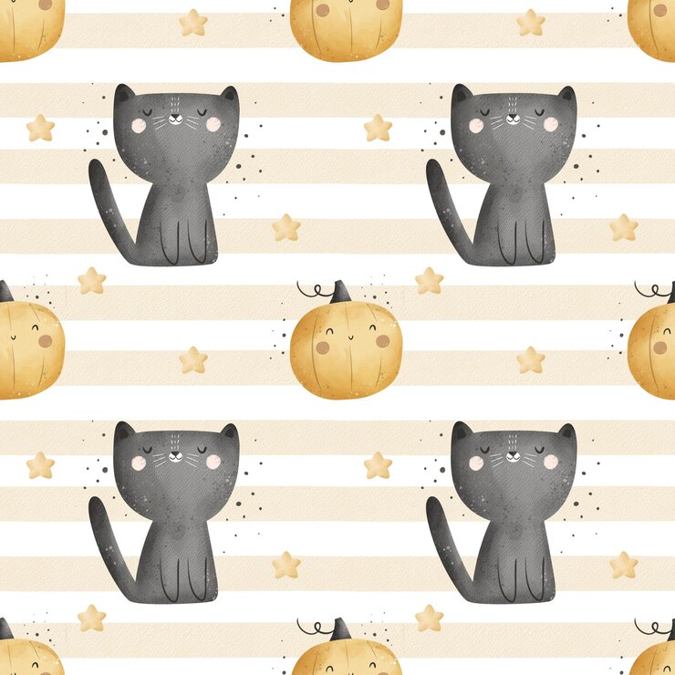 Foto disegno senza cuciture di halloween con elementi decorativi di zucca di gatto dei cartoni animati