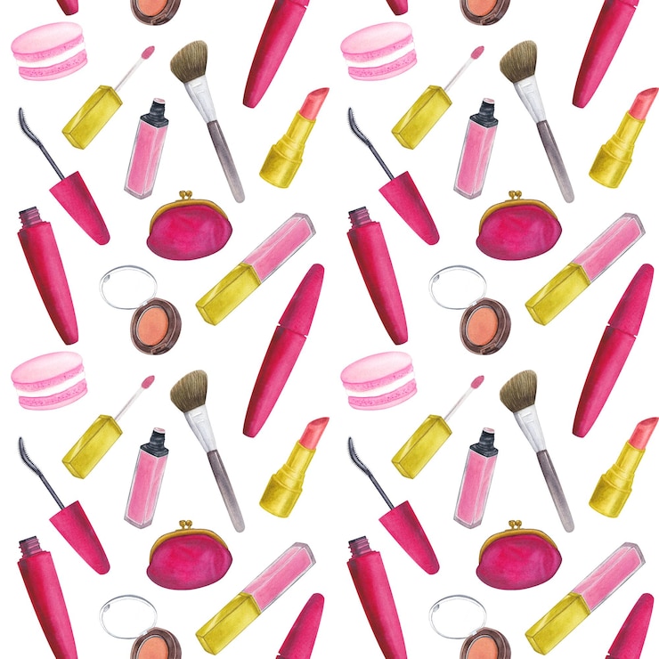 Foto disegno senza cuciture mascara blush pennello lucido per le labbra borsa cosmetica macaroni illustrazioni ad acquerello