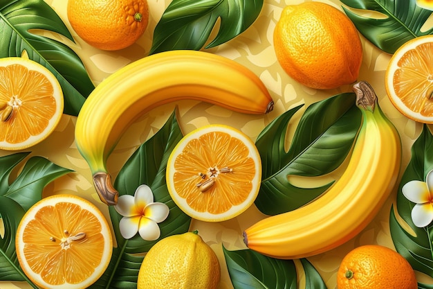 Disegno senza cuciture per le vacanze estive Frutta estiva limone arance fiore banana spiaggia e oceano stile moderno disegnato a mano Ideale per tessuti di moda tessuto e tutte le stampe