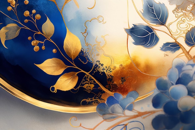 Disegno su carta con acquerelli di fiori di piante e foglie in colori blu e oro IA generativa
