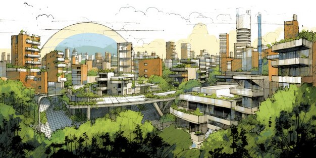 Disegno su carta Questa immagine mostra una città futuristica caratterizzata dalla sua eco-friendliness