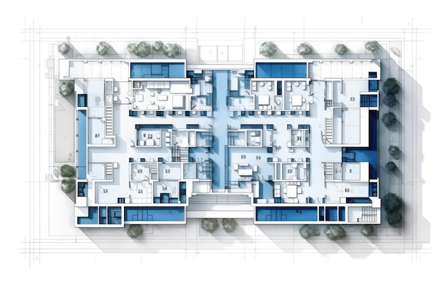 Disegno tecnico architettonico dettagliato dell'edificio in città