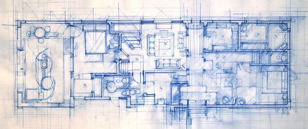 Disegno tecnico del background architettonico della planimetria con stampa blu generativa dell'intelligenza artificiale