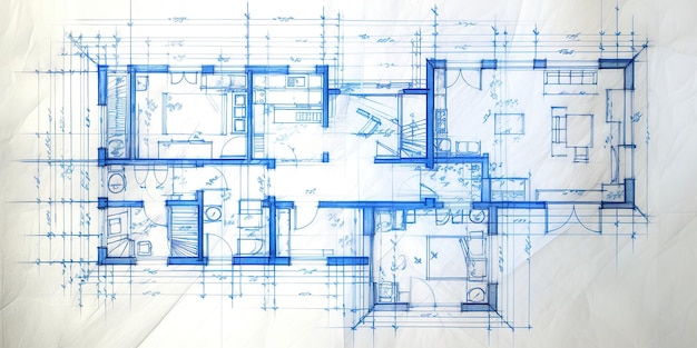 Disegno tecnico del background architettonico della planimetria con stampa blu generativa dell'intelligenza artificiale