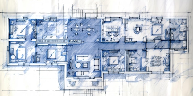 Disegno tecnico del background architettonico della planimetria con stampa blu generativa dell'intelligenza artificiale