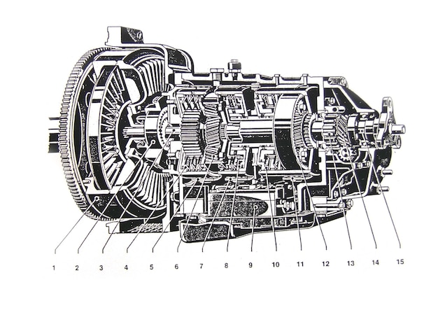 disegno tecnico del motore dell'auto su sfondo bianco