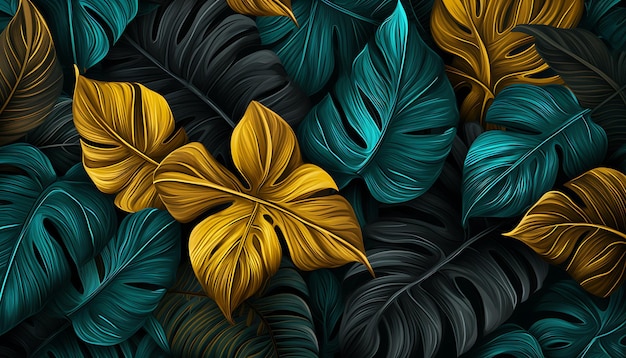 Disegno tropicale floreale su foglie di piante sullo sfondo