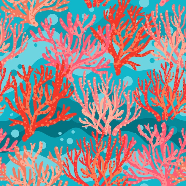 Disegno vettoriale senza cuciture con un reef tropicale coralli rosso-rosa sullo sfondo di onde blu