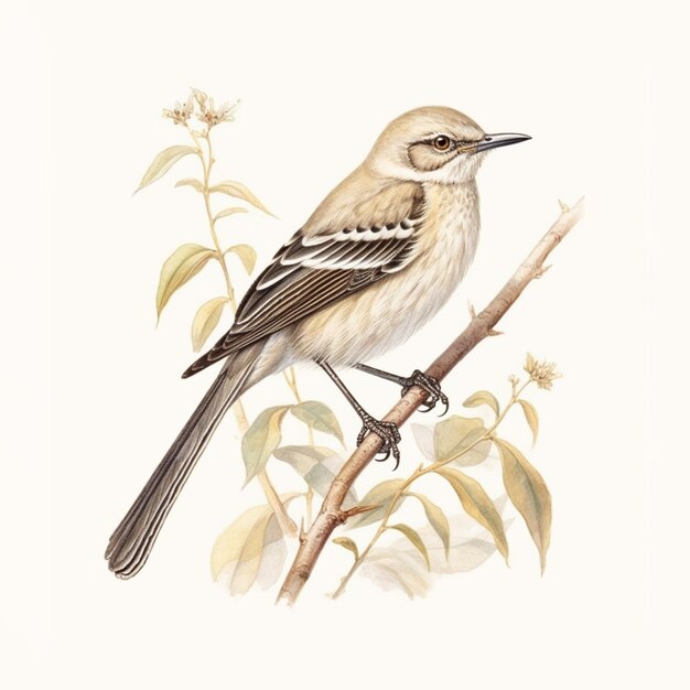 Disegno vintage di un uccello su un ramo con foglie